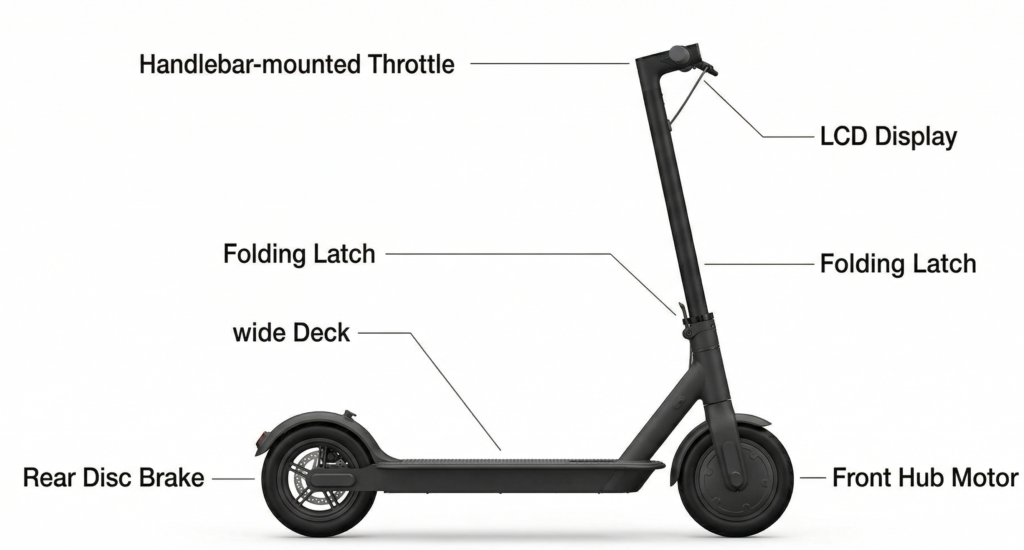 Diagram of a modern electric scooter highlighting the throttle, display, folding mechanism, and hub motor.