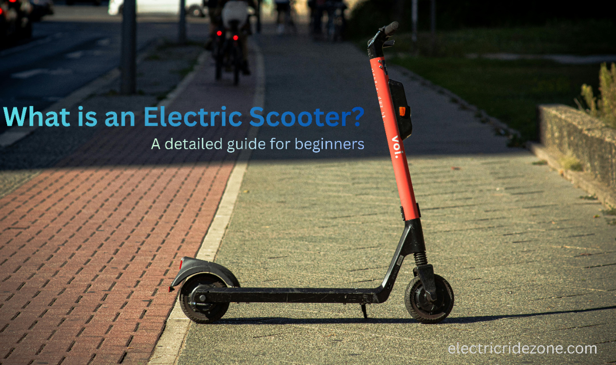 A red Voi electric scooter parked on a city sidewalk next to a brick path, illustrating a beginner's guide to urban micro-mobility.