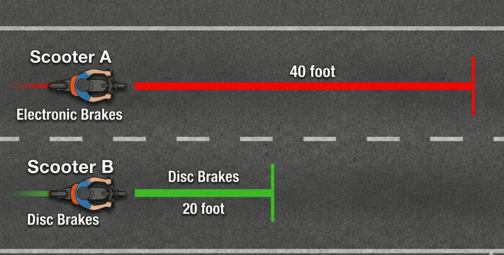 Comparison chart showing the stopping distance of disc brakes versus electronic brakes on an e-scooter.