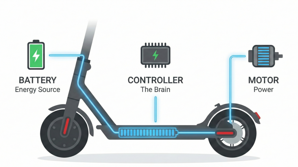 Internal schematic showing energy flow from the battery through the controller to the motor of an e-scooter.