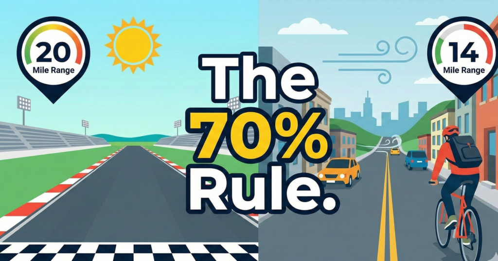 Infographic comparing advertised electric scooter range vs actual real-world mileage results.