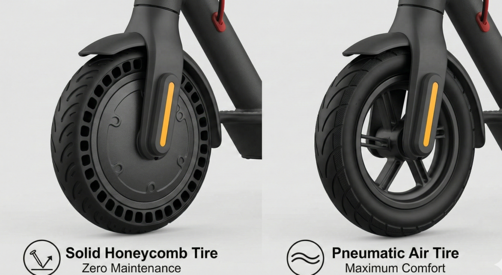 Close-up comparison of solid honeycomb tires and air-filled pneumatic tires for electric scooters.